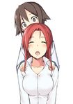  breasts brown_eyes brown_hair closed_eyes large_breasts long_hair massage minna-dietlinde_wilcke miyafuji_yoshika momiji7728 multiple_girls open_mouth red_hair short_hair shoulder_massage simple_background strike_witches white_background world_witches_series 