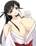  1girl bare_shoulders black_hair blush breasts brown_eyes female huge_breasts iwato_kasumi kamaboko_(ossann0125) long_hair looking_at_viewer miko no_bra open_clothes open_mouth pixiv_manga_sample saki simple_background smile solo 