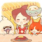  amano_keita bowl brown_hair cat chiyoko_(oman1229) closed_eyes commentary_request drooling food fork ghost jibanyan notched_ear open_mouth protected_link purple_lips red_shirt rice_bowl shirt short_hair spoon star table twitter_username urayameshi whisper_(youkai_watch) youkai youkai_watch youkai_watch_2 