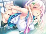  1girl anal arm_grab armpits ass bent_over blonde_hair blood blush bouncing_breasts breasts butt_crack censored cleavage clenched_teeth clothed_sex fence game_cg garter_straps hanging_breasts highres large_breasts legs long_hair looking_away panties panty_pull penis play!_play!_play!_shi purple_eyes school_uniform sex skirt skirt_lift solo_focus sweat tears teeth thighhighs thighs underwear virgin wazakita wince 