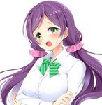  blush breasts dress_shirt green_eyes hazuki_natsu highres large_breasts long_hair love_live! love_live!_school_idol_project open_mouth otonokizaka_school_uniform purple_hair school_uniform shirt simple_background solo toujou_nozomi twintails upper_body 
