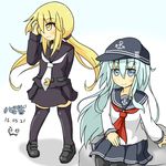  anchor_symbol black_legwear black_serafuku black_skirt blonde_hair blue_eyes crescent dated flat_cap goodsun_sunkumi hair_between_eyes hat hibiki_(kantai_collection) highres kantai_collection long_hair long_sleeves multiple_girls neckerchief necktie open_mouth pantyhose pleated_skirt satsuki_(kantai_collection) school_uniform serafuku silver_hair skirt smile twintails yellow_eyes 