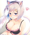  animal_ears black_bra blue_eyes blush bra breasts cat_ears cat_tail cleavage gloves hair_ornament hairband hairclip hakuda_tofu hamakaze_(kantai_collection) hand_on_another's_head heart kantai_collection large_breasts out_of_frame paw_print petting short_hair silver_hair solo_focus tail underwear wavy_mouth 