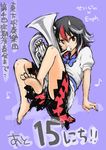  absurdres barefoot black_hair eighth_note euphonium feet highres horns instrument kijin_seija monrooru multicolored_hair music musical_note playing_instrument purple_background red_eyes red_hair short_hair solo streaked_hair touhou translation_request white_hair 