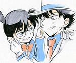  black_hair blue_eyes bow bowtie cheek_pinching edogawa_conan formal hat izumo_neko kaitou_kid kuroba_kaito meitantei_conan monocle multiple_boys necktie pinching suit top_hat 