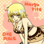  1girl :q amazon amazon_lily artist_request blonde_hair breasts character_name copyright_name female leaning_forward marguerite md5_mismatch navel one_piece short_hair simple_background solo tongue tongue_out yellow_eyes 