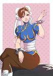  absurdres alan_campos border bracelet breasts brown_eyes brown_hair brown_legwear bun_cover china_dress chinese_clothes chun-li crossed_legs double_bun dress hair_ribbon highres jewelry large_breasts nose outside_border pantyhose pelvic_curtain ribbon sash short_hair sitting smile solo spiked_bracelet spikes street_fighter thighs 