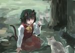  animal_ears brown_eyes brown_hair cat cat_ears cat_tail chen dress hat ichiba_youichi long_sleeves mob_cap multiple_tails nekomata open_mouth red_dress shirt sitting solo tail too_many too_many_cats touhou tree 
