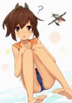  ? aircraft airplane barefoot brown_eyes brown_hair collarbone eyebrows_visible_through_hair fairy_(kantai_collection) hair_between_eyes i-401_(kantai_collection) kantai_collection light_blush m6a_seiran open_mouth ponytail sailor_collar school_swimsuit seiran_(kantai_collection) short_hair solo swimsuit swimsuit_under_clothes takitsubo tan tanline 