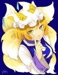  80yakky artist_name blonde_hair blue_background fingernails fox_tail hand_up hat highres index_finger_raised long_sleeves looking_at_viewer multiple_tails ofuda pillow_hat short_hair simple_background smile solo tabard tail tassel touhou upper_body wide_sleeves yakumo_ran yellow_eyes 