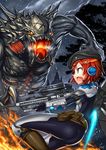  akuko_(arc) blue_eyes bodysuit cosplay evolve_(video_game) gia goliath_(evolve) gun hat headset jetpack monster original red_hair short_hair valerie_wolski weapon 