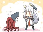  :&lt; @_@ bangs black_legwear blunt_bangs blush chestnut_mouth chibi chopsticks dress drooling engiyoshi fingerless_gloves gloves hair_ribbon headgear kantai_collection long_hair murakumo_(kantai_collection) pantyhose red_eyes ribbon sailor_dress saliva school_uniform serafuku shark sharktopus silver_hair soy_sauce sparkle sweat tentacles tress_ribbon triangle_mouth 