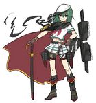  ammunition_belt boots cape cutlass_(sword) full_body gloves green_eyes green_hair hat heterochromia kantai_collection kiso_(kantai_collection) machinery remodel_(kantai_collection) school_uniform serafuku sharlorc sheath sheathed smile solo standing white_background yellow_eyes 