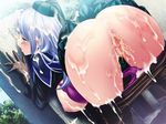  1girl aftersex anus areolae ass backboob bent_over blue_eyes blush bra bra_lift breasts censored clenched_teeth cum cum_in_pussy cum_on_ass cum_on_body cum_on_clothes cum_on_hair cum_on_lower_body cum_on_upper_body from_behind game_cg glasses gloves grave hat highres huge_ass huge_breasts long_hair looking_away mosaic_censoring nipples open_mouth panties panty_pull pantyhose play!_play!_play!_shi purple_hair pussy solo sweat tears teeth underwear wazakita wide_hips 