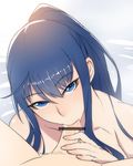  1girl ban bar_censor blue_eyes blue_hair censored collarbone cum cum_in_mouth fellatio grisaia_(series) grisaia_no_kajitsu grisaia_no_meikyuu hetero highres kusakabe_asako looking_at_viewer nude oral penis ponytail pov saliva shiny shiny_hair solo_focus water 