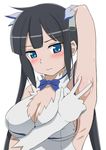  arm_behind_head armpits bad_id bad_pixiv_id black_hair blue_eyes blue_ribbon blush breasts cleavage cleavage_cutout dress dungeon_ni_deai_wo_motomeru_no_wa_machigatteiru_darou_ka gloves hair_ribbon hestia_(danmachi) highres kuroame_(kurinohana) large_breasts long_hair making_of rei_no_himo ribbon sideboob simple_background solo spread_armpit sweat twintails white_background white_dress white_gloves 