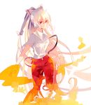  albino alternate_hairstyle bad_id bad_twitter_id bow fire fujiwara_no_mokou hair_bow hair_ornament hair_ribbon long_hair looking_away nr_(cmnrr) pants ponytail red_eyes ribbon shirt short_sleeves simple_background solo torn_clothes torn_sleeves touhou white_background white_hair 