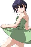  ass bangs black_hair blush bottomless cowboy_shot eyebrows_visible_through_hair from_behind green_towel highres looking_at_viewer looking_back matsunaga_kouyou naked_towel original parted_lips purple_eyes short_hair simple_background solo standing towel white_background 