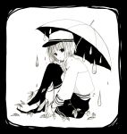  1girl anzu_(o6v6o) black_border border crying greyscale gumi hand_on_own_knee hat high_heels knees_up long_sleeves looking_at_viewer monochrome plant rain shirt short_hair_with_long_locks sitting skirt solo thighhighs umbrella vines vocaloid water_drop 