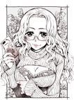  blush bra breasts cellphone cleavage cleavage_cutout flower glasses highres jewelry large_breasts long_hair long_sleeves looking_at_viewer meme_attire monochrome necklace open-chest_sweater open_mouth original phone ribbed_sweater smartphone smile solo sweater takanashi_ringo underwear 