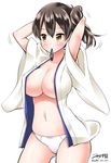  adjusting_hair areola_slip areolae asymmetrical_hair blush breasts brown_hair japanese_clothes kaga_(kantai_collection) kantai_collection large_breasts looking_to_the_side mouth_hold navel open_clothes panties short_hair side_ponytail skindentation solo stomach twitter_username underwear white_panties yellow_eyes yuuki_hb 