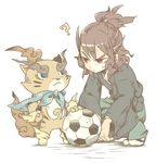  ? abbreviated_karakusa ball brown_eyes brown_hair crossover frown furoshiki hakama inazuma_eleven_(series) inazuma_eleven_go inazuma_eleven_go_chrono_stone japanese_clothes kimono sandals shindou_takuto shindou_takuto_(mixi_max_oda_nobunaga) simple_background soccer_ball socks squatting standing telstar ticktack_chicken torajirou_(youkai_watch) white_background youkai youkai_watch zouri 