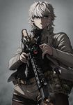  assault_rifle belt bespectacled black_legwear blue_eyes braid breasts commentary glasses gun highres holding holding_gun holding_weapon imizu_(nitro_unknown) izayoi_sakuya jacket legwear_under_shorts long_sleeves m4_carbine medium_breasts military military_jacket military_uniform open_clothes open_jacket over-rim_eyewear pantyhose revision rifle semi-rimless_eyewear shirt shooting_glasses shorts silver_hair solo touhou trigger_discipline turtleneck twin_braids uniform weapon 