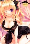  ;d absurdres babydoll blonde_hair blush bow breast_hold breasts cleavage curtains dress hair_bow highres lace lace-trimmed_dress large_breasts long_hair one_eye_closed open_mouth purple_eyes sazaki_ichiri sitting smile solo twintails wariza 