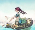  amagi_(kantai_collection) banner breasts brown_hair closed_eyes cowboy_shot flower hair_flower hair_ornament highres kantai_collection long_hair magic medium_breasts multiple_torii namiri outstretched_arm ponytail solo torii 