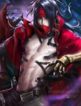  banned_artist black_hair cape cowboy_shot final_fantasy final_fantasy_vii gauntlets glowing glowing_eyes long_hair looking_at_viewer male_focus male_pubic_hair navel nipples open_clothes pubic_hair red_cape red_eyes sakimichan solo vincent_valentine watermark web_address 