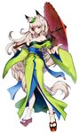  animal_ears bare_shoulders blue_eyes breasts fox_ears full_body highres japanese_clothes kimono large_breasts leaf leaf_on_head long_hair looking_at_viewer oboro_muramasa off_shoulder oriental_umbrella outstretched_arm silver_hair smile solo standing tabi transparent_background umbrella very_long_hair yuri_(anachronic) yuzuruha 