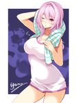  cu-no hisenkaede long_hair one_eye_closed pink_hair purple_eyes solo towel yayoi_sakura 