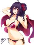  bikini black_hair blush breasts cu-no flower glasses hair_flower hair_intakes hair_ornament hands_up hisenkaede kokonoe_tamaki large_breasts long_hair open_mouth original pince-nez ponytail red_bikini red_eyes red_flower red_rose rose side-tie_bikini signature simple_background solo swimsuit towel white_background 