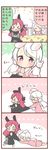  &gt;_&lt; 2girls 4koma \o/ animal_ears arms_up bunny_ears bunny_hair_ornament bunny_tail carrot_print closed_eyes comic commentary_request detached_sleeves dragging fang flying_sweatdrops food_print hair_ornament multiple_girls notice_lines original outstretched_arms pajamas purple_eyes red_hair saku_usako_(rabbit) skirt tail translated twintails under_covers white_hair 