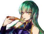  bare_shoulders c.c. cheese_trail code_geass eating food green_hair holding_pizza long_hair mi_bait pizza simple_background sketch slice_of_pizza solo upper_body white_background yellow_eyes 