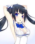  armpits bad_id bad_pixiv_id black_hair blue_eyes blue_ribbon breasts cleavage dungeon_ni_deai_wo_motomeru_no_wa_machigatteiru_darou_ka hair_ribbon hestia_(danmachi) hi-ma long_hair looking_at_viewer medium_breasts rei_no_himo ribbon solo twintails 