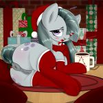 2017 aer0_zer0 anus blush candy candy_cane christmas clitoris clothing cup cutie_mark digital_media_(artwork) dock earth_pony equine female feral food friendship_is_magic gift hat hi_res holidays holly_(plant) horse legwear looking_at_viewer mammal marble_pie_(mlp) my_little_pony plant pony pussy pussy_juice santa_hat solo 