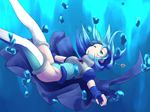  1girl blue blue_eyes blue_gloves blue_hair bubble cape fingerless_gloves gem gloves gradient gradient_background ole_tower sinking solo submersible_pump_(ole_tower) thighhighs underwater 