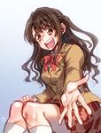  :d blush brown_eyes brown_hair idolmaster idolmaster_cinderella_girls long_hair looking_at_viewer one_side_up open_mouth outstretched_arm outstretched_hand school_uniform shimamura_uzuki sitting skirt smile solo takanashi_ringo 