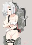  bare_shoulders blue_eyes blush bob_cut breasts collarbone covering covering_breasts gloves hair_ornament hair_over_one_eye hamakaze_(kantai_collection) kantai_collection kichihachi large_breasts navel no_pussy short_hair signature silver_hair simple_background solo twitter_username weapon white_gloves 