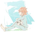  amemiya_taiyou ball barefoot inazuma_eleven_(series) inazuma_eleven_go male_focus orange_hair profile sitting smile soccer_ball solo telstar ticktack_chicken 