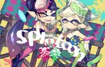  2girls akira_hou aori_(splatoon) bad_id bad_twitter_id bare_shoulders candy dress food gloves hat hotaru_(splatoon) lollipop mole mole_under_eye multiple_girls pantyhose purple_hair short_dress short_jumpsuit splatoon_(series) splatoon_1 strapless strapless_dress twintails white_hair yellow_eyes 