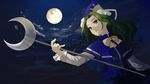  blue_capelet capelet cloud full_moon green_eyes green_hair hat highres index_finger_raised long_hair long_sleeves mima moon night outdoors parted_lips pinky_out ribbon skirt skirt_set solo staff tamae_(pixiv40276) touhou touhou_(pc-98) wizard_hat 