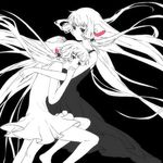  black_background chii chobits dress floating_hair freya_(chobits) greyscale long_hair lowres mimana monochrome multiple_girls no_mouth robot_ears short_dress siblings sisters spot_color twins very_long_hair 