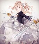  1girl blonde_hair bow choker dress dual_wielding earrings elizabeth_ethel_cordelia_midford flower green_eyes hair_flower hair_ornament headband highres holding jacket jewelry kuroshitsuji lace lace_choker lips parted_lips rapier solo sword twintails vignetting water_drop weapon white_dress 