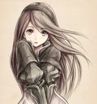  :d agnes_oblige beige_background black_hair blush bravely_default:_flying_fairy bravely_default_(series) brown_eyes brown_hair capelet dress elbow_gloves gloves hair_ornament hairband jewelry long_hair long_sleeves looking_at_viewer necklace open_mouth parted_lips pendant shouma_(bravespiritya) simple_background smile solo upper_body 
