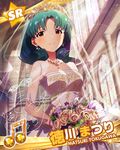  artist_request bangs beamed_eighth_notes bouquet bridal_veil bride brown_eyes character_name character_signature church dress earrings flower from_below green_hair idolmaster idolmaster_million_live! indoors jewelry long_hair musical_note necklace official_art short_hair smile solo sparkle stained_glass strapless strapless_dress tiara tokugawa_matsuri veil wedding_dress window 