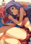  aqua_eyes ass bad_id bad_twitter_id bikini handheld_game_console highres idolmaster idolmaster_million_live! long_hair mochizuki_anna narumi_arata open_mouth playing_games playstation_vita purple_hair solo swimsuit trefoil 