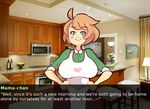  1girl apron blush brown_hair fake_screenshot green_eyes hands_on_hips housewife inkerton-kun kitchen looking_at_viewer mama-chan_(inkerton-kun) milf wide_hips 