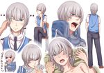  1girl alexis_hilden androgynous ass blue_eyes blush blush_stickers chibi dirty_face ear_pull finger_in_another's_mouth from_behind full_body grey_hair implied_sex jewelry kouzilow necktie one_eye_closed open_mouth reverse_trap senjou_no_valkyria senjou_no_valkyria_2 shield short_hair single_earring solo_focus sweat sword uniform vest weapon 